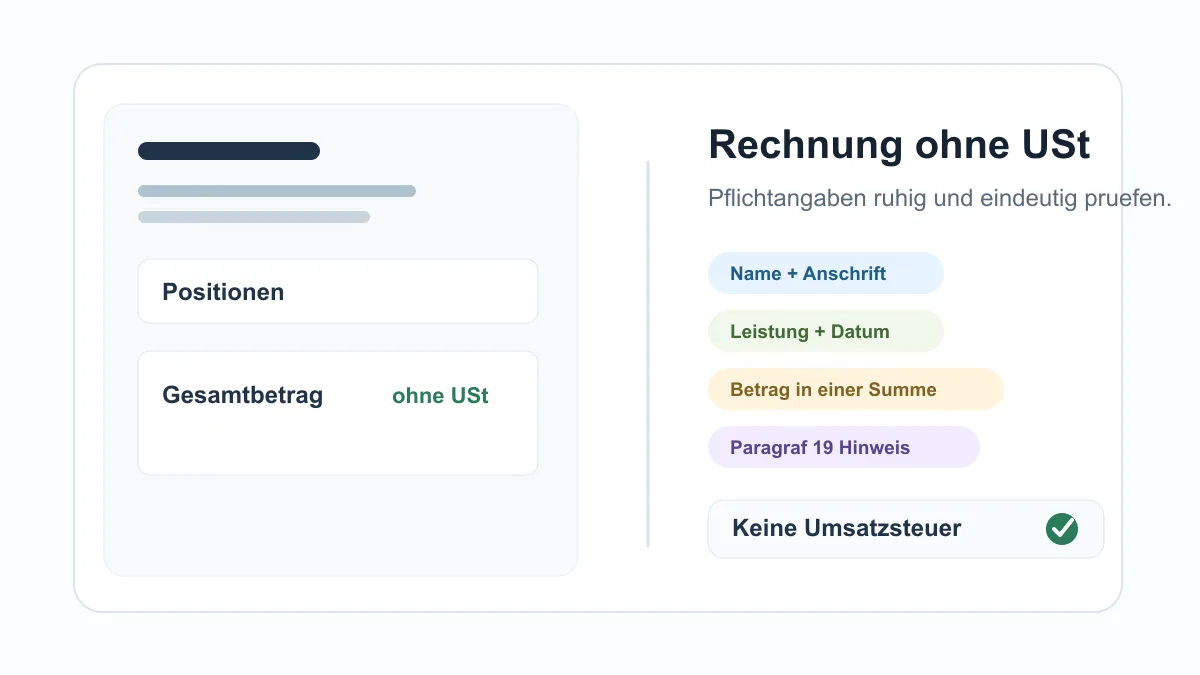 Illustration einer Kleinunternehmer-Rechnung mit markierten Pflichtangaben.